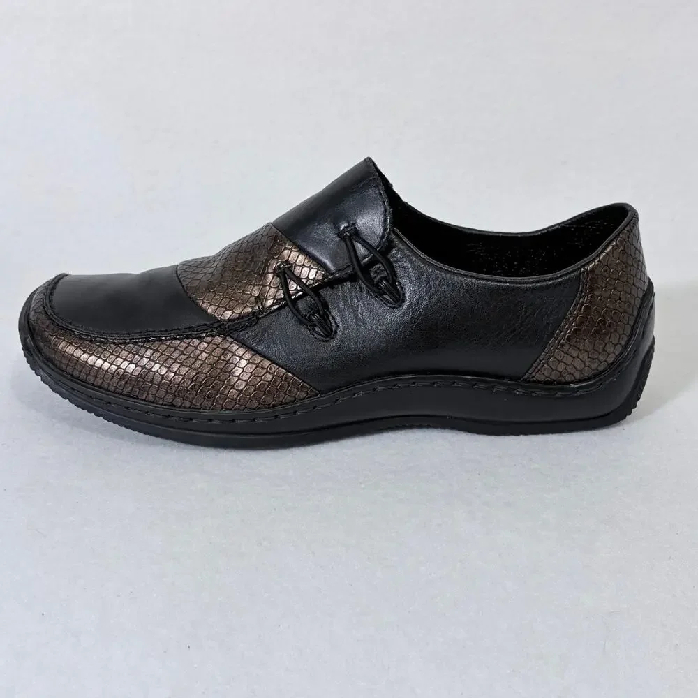 Rieker Comfort Slip On Shoes Womens 39 US 8 Black Leather Brown Argyle Metallic